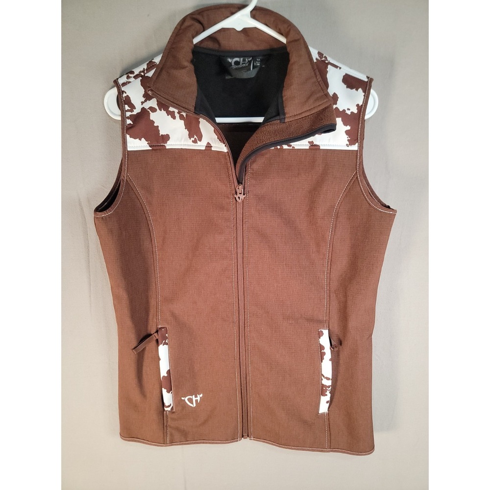 Cowgirl Hardware Womens M Brown & Cow Print Softshell Vest Fleece Lined Western